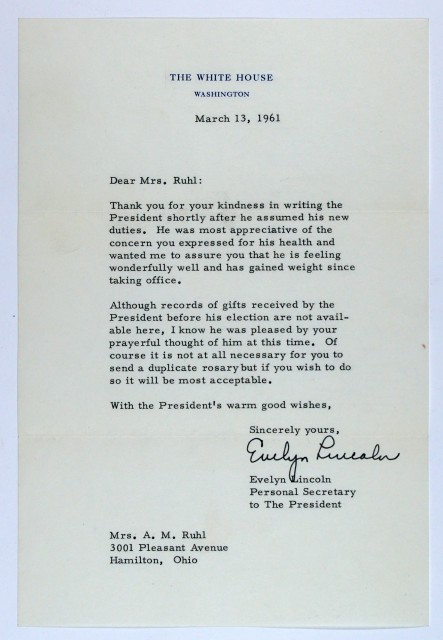 LINCOLN, EVELYN  Three typed notes signed, two during Kennedy Administration.