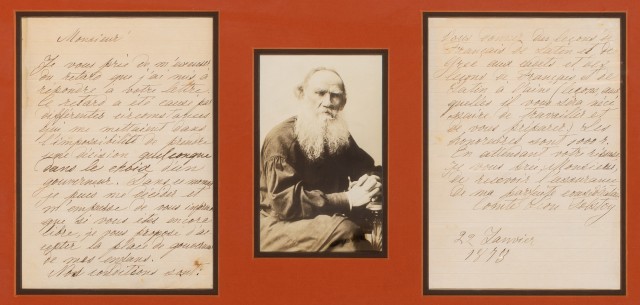 TOLSTOY, LEO, COUNT  Autograph letter signed, in French, seeking an educator for his children.
