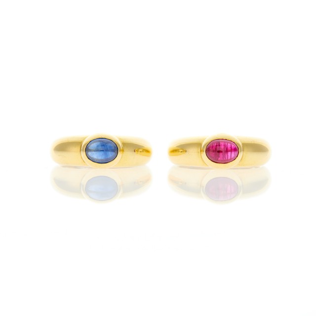 Pair of Gold, Cabochon Ruby and Sapphire Rings