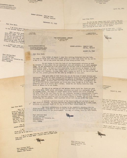 [ARCTIC]  STEFANSSON, VILHJALMUR. Five typed letters signed to Carolyn Ward, 1933-48.