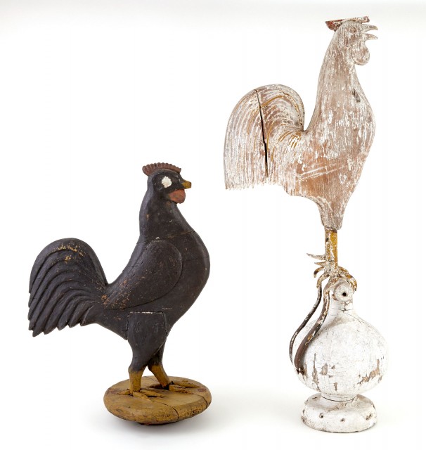 Carved and Painted Pine and Iron Rooster Finial