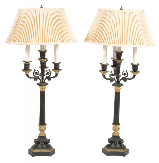 Pair of Charles X Gilt and Patinated-Bronze Four-Light Candelabra