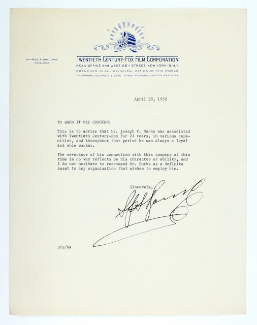 [TWENTIETH CENTURY FOX]  SKOURAS, SPYROS P. Typed letter  signed.