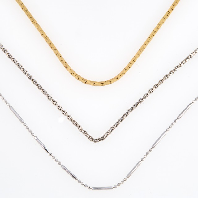Three Gold Neck Chains, 14K 10 dwt., 1 metal clasp