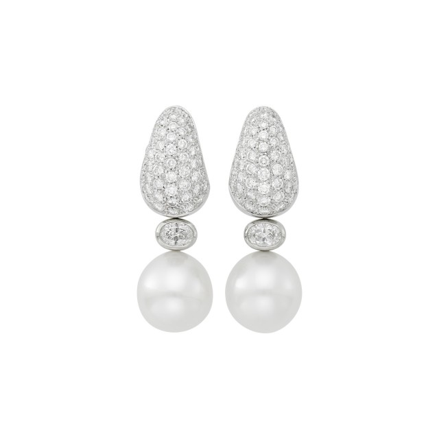 Pair of White Gold, Diamond and South Sea Cultured Pearl Pendant-Earrings