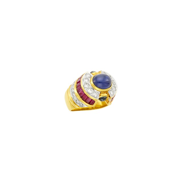 Gold, Cabochon Sapphire, Ruby and Diamond Ring