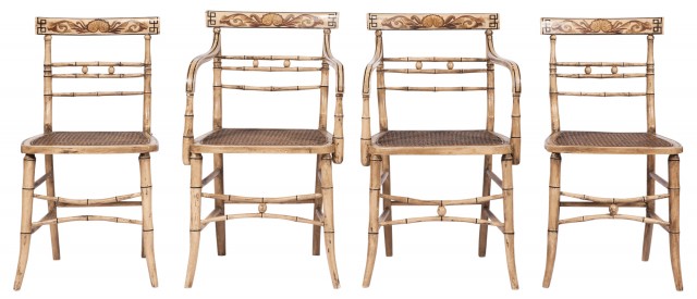 Set of Four Painted and Caned Faux Bamboo Fancy Chairs
