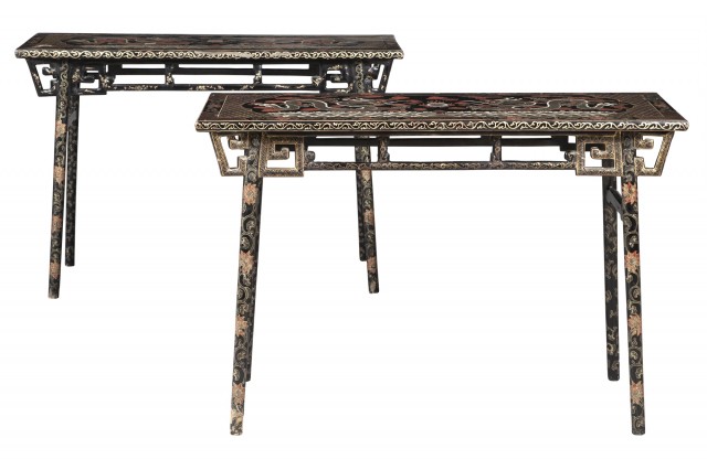 Pair of Chinese Lacquered Wood Trestle-Leg Tables