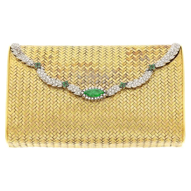 Two-Color Woven Gold, Platinum, Diamond and Emerald Clutch