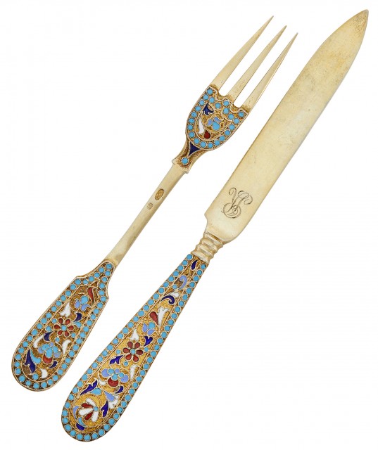 Russian Silver-Gilt and Cloisonné Enamel Fruit Set