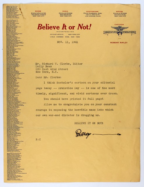 RIPLEY, ROBERT  Signed letter from the creator of Ripley's Believe It or Not!