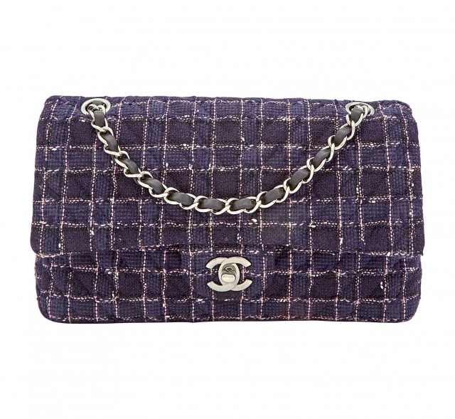 Chanel Navy Blue and Pink Wool Tweed Double Flap Bag
