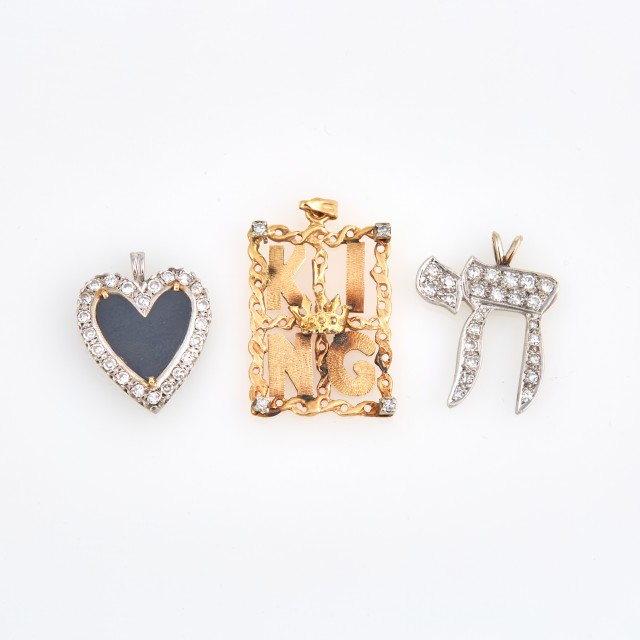 Three Diamond and Stone Pendants, 14K 8 dwt. all