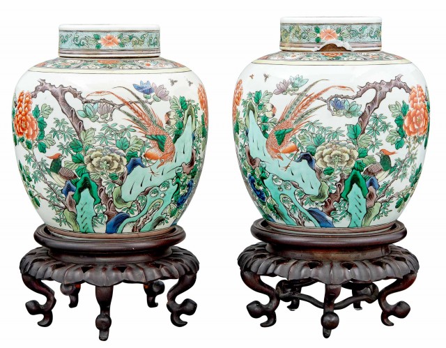 Pair of Chinese Famille Verte Covered Jars