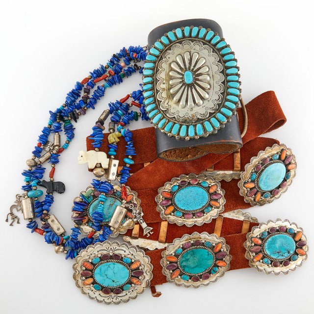 Native American Silver Archer's Band, Belt, Ray Tracey, and Multistrand Fetish Bead Necklace