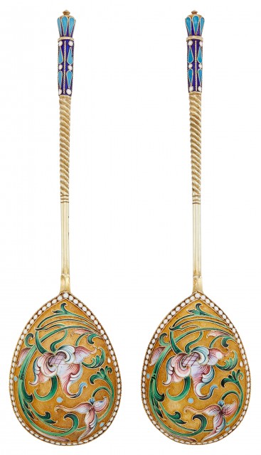 Pair of Russian Silver-Gilt and Cloisonné Enamel Spoons