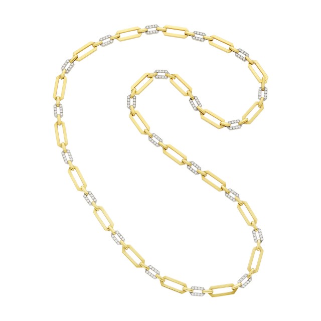 David Webb Long Gold, Platinum and Diamond Link Necklace