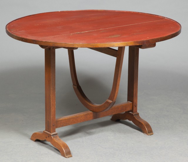 Oak and Red-Stained Pine Joined Drop-Leaf Trestle Table