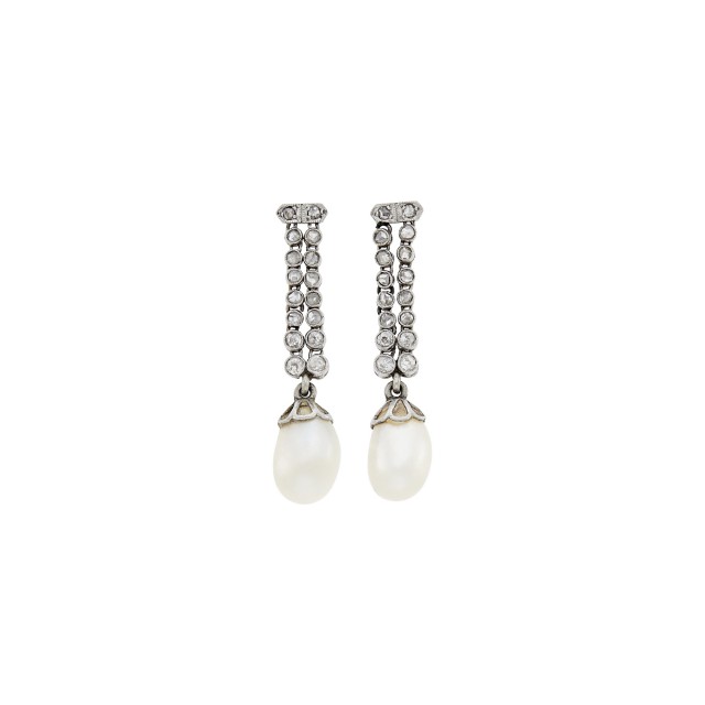 Pair of Platinum, Natural Pearl and Diamond Pendant-Earrings