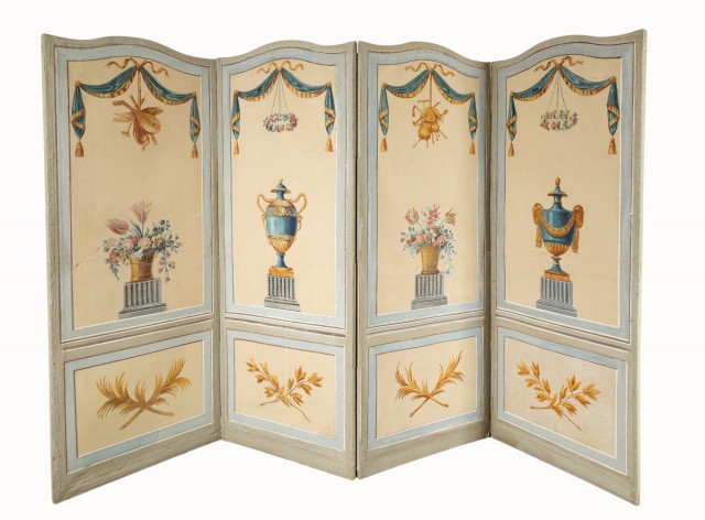 Louis XVI Style Painted Canvas and Wood Four-Fold Screen