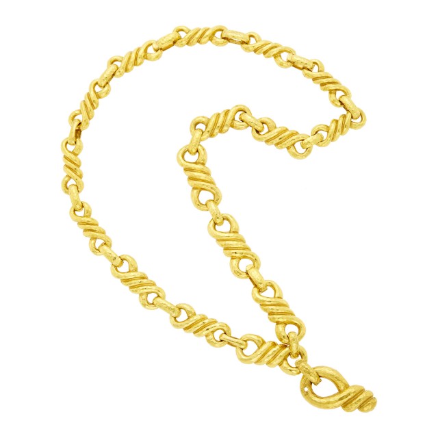 David Webb Long Hammered Gold Link Necklace/Bracelet Combination with Enhancer