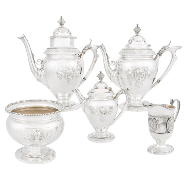 Wood and Hughes Coin Silver Medallion Pattern Tea and Coffee Service