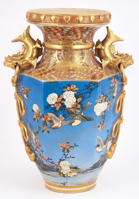 Japanese Satsuma Pottery Blue Ground Two-Handled Vase