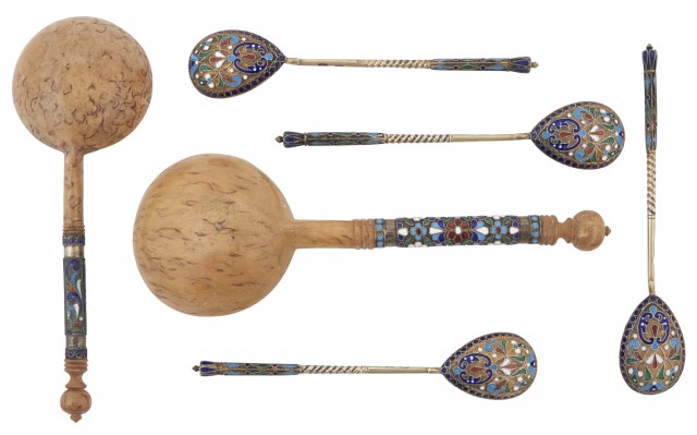 Set of Four Russian Silver and Cloisonné Enamel Spoons; Together with Two Russian Silver, Cloisonné Enamel and Wood Serving Spoons