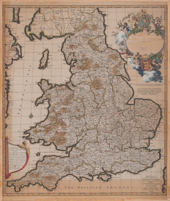 [MAP]  VISSCHER, NICOLAS. A New Mapp of the Kingdome of England, Representing the Princedome of Wales, and other Provinces, Cities, Market Towns, with the Roads from Town to Town. And the Number of reputed Miles between them...