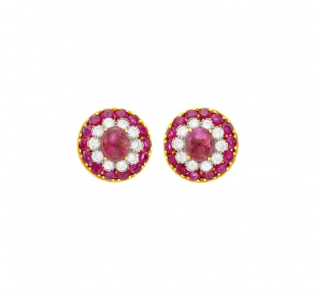 David Webb Pair of Gold, Platinum, Cabochon Ruby, Ruby and Diamond Earclips