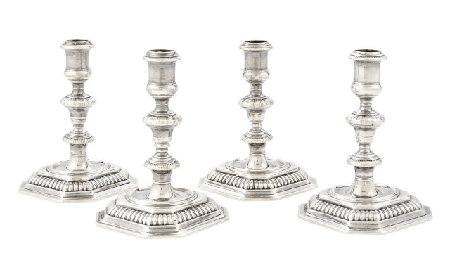 Set of Four William III Sterling Silver Candlesticks