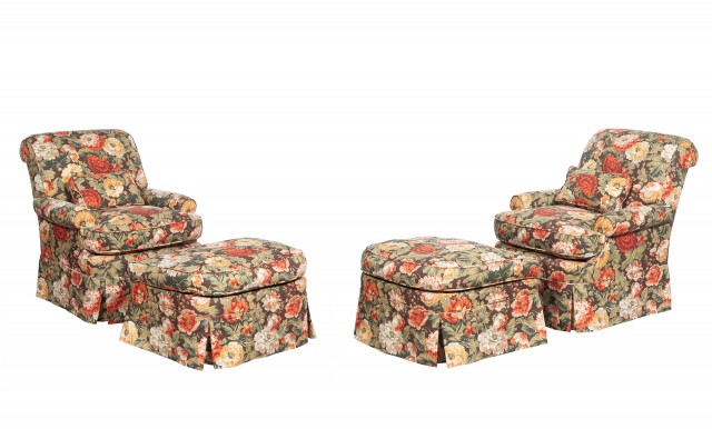 Pair of Upholstered Club Chairs and Ottomans