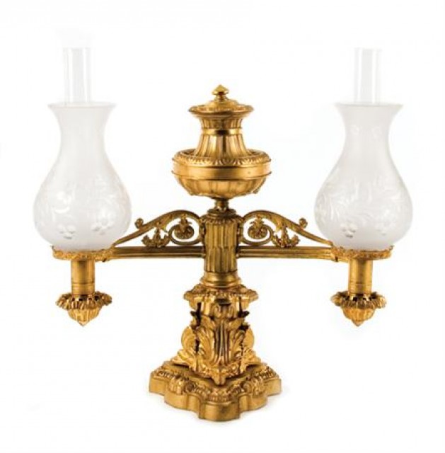 Classical Gilt-Metal Two-Light Argand Lamp
