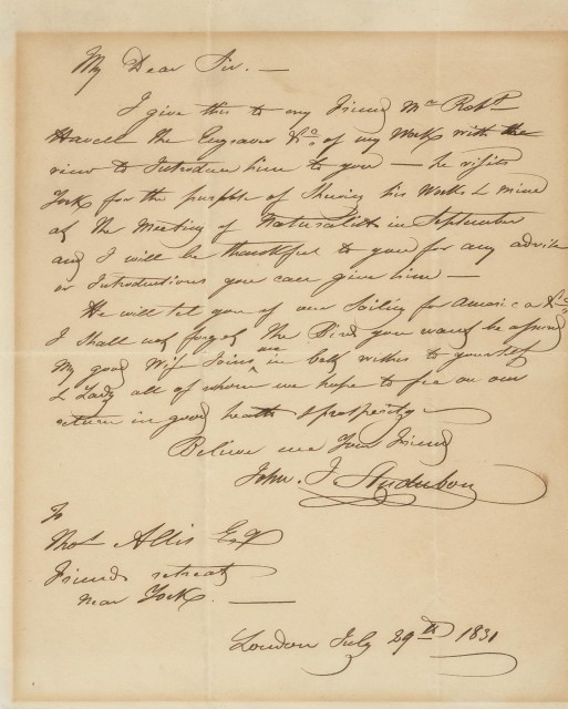 AUDUBON, JOHN JAMES  Autograph letter signed.