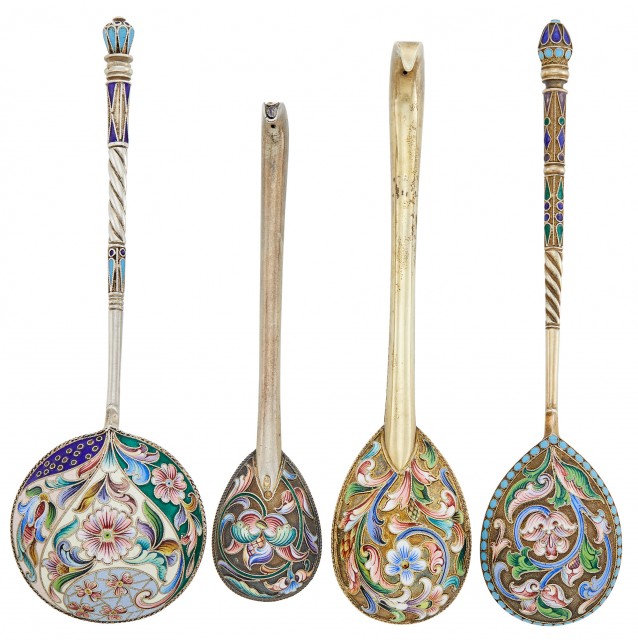 Russian Silver and Cloisonné Enamel Serving Spoon and Three Smaller Spoons