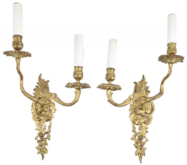 Pair of Louis XV Style Gilt-Bronze Two-Light Sconces