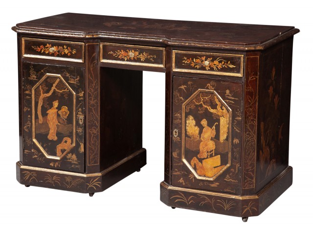19th Century Brown- and Gilt-Japanned Pedestal Desk