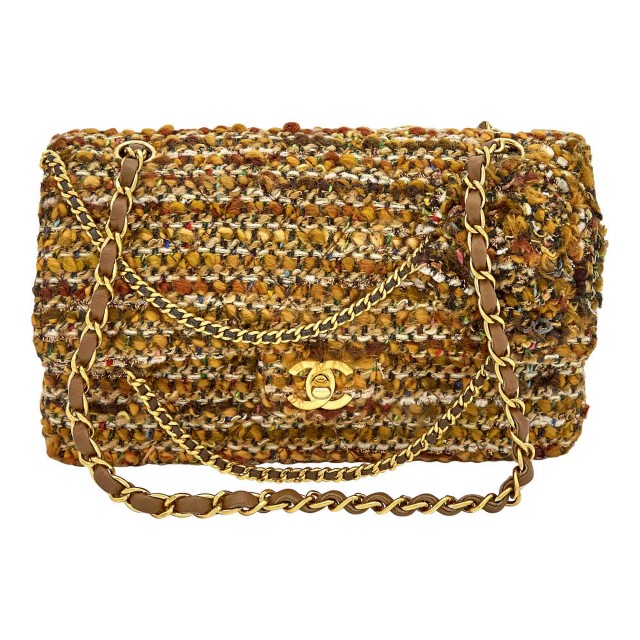 Chanel Brown and Orange Wool Tweed Double Flap Bag