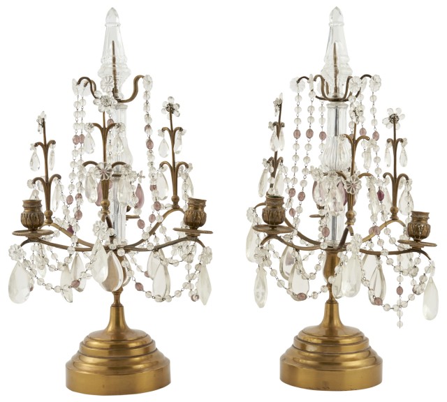 Pair of Louis XV Style Glass and Gilt-Metal Three-Light Girandoles