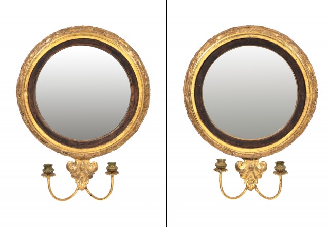Pair of Regency Style Parcel-Gilt Mirrored Two-Light Wall Sconces