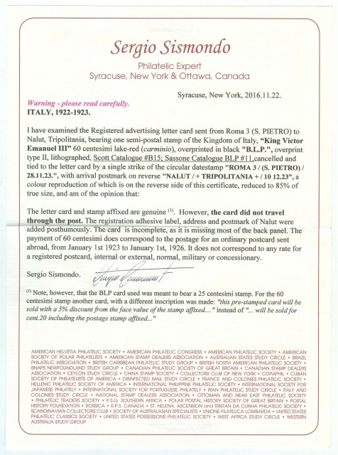 Italy Semi-Postal 1922-23 60 C. Overprinted B.L.P. Scott B15