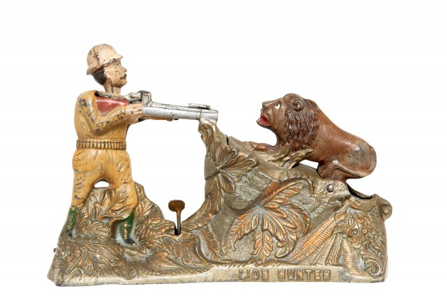 Lion Hunter Cast Iron Mechanical Bank