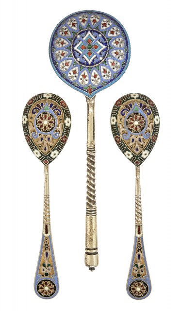 Russian Silver and Cloisonné Enamel Serving Spoon and a Pair of Teaspoons