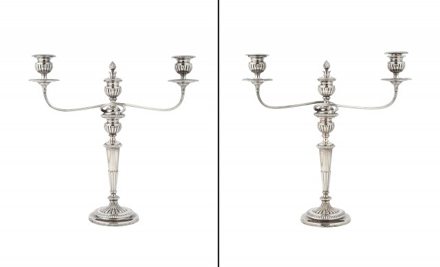 Pair of Regency Sheffield Plate Three-Light Candleabra