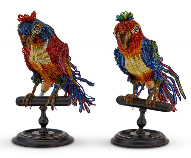 Pair of Continental Beaded Glass Parrot-Form Lamps