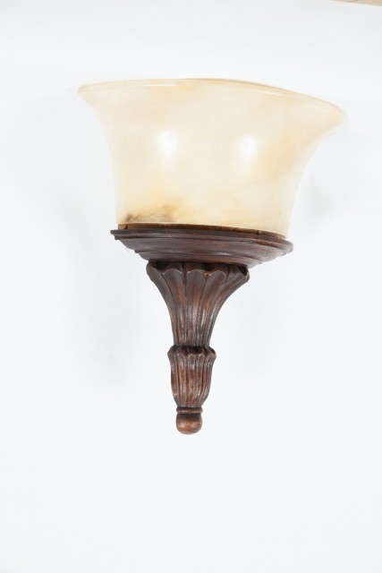 Pair of Alabaster and Stained Wood Sconces