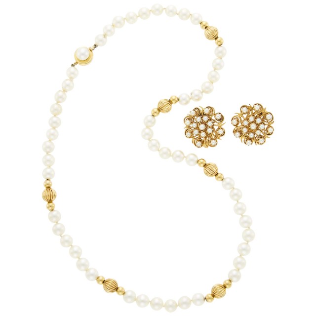 Gold Bead and Cultured Pearl Necklace and Pair of Earclips