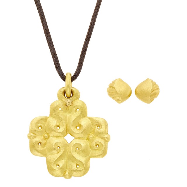 Linda Lee Johnson Gold Pendant with Cord and Pair of Gold Earclips