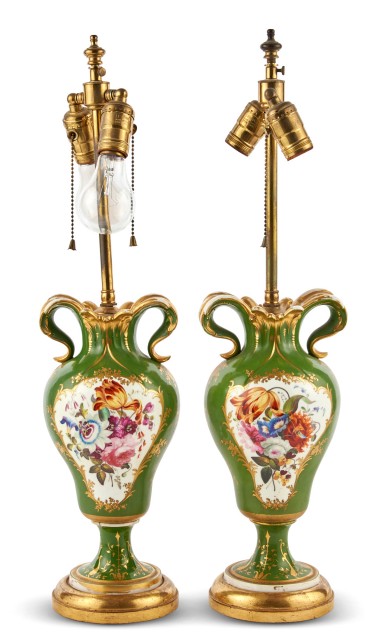 Pair of Paris Porcelain Floral Decorated Lamps