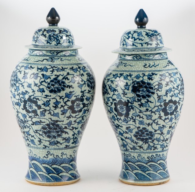Pair of Chinese Blue and White Porcelain Covered Vases